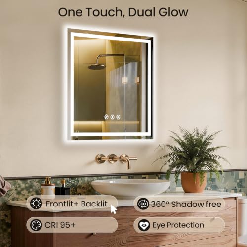 Image of 36x36 LED Bathroom Mirror with Anti-Fog, Backlit & Front Lit, Memory | Stepless Dimmable 3 Color CRI 95+ Shatterproof Tempered Glass ETL Listed for Safety Lighted Bathroom Vanity Mirror for Wall