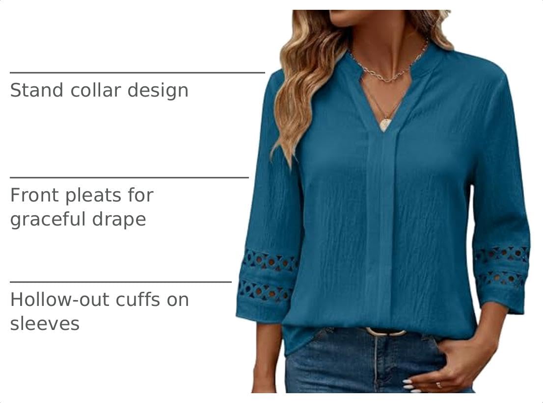 Funlingo 3/4 Length Sleeve Womens Tops V Neck Pleated Dressy Casual Blouses image 4