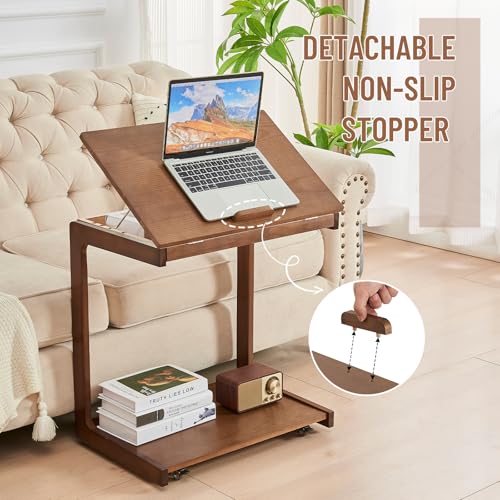 Image of Uniclinens Couch Tables that Slide Under - Rolling Side Table C Shape, Wooden Slim Sofa Desk with Wheels, Small TV Tray for Laptop Multi-Purpose Living Room Bedroom, Walnut