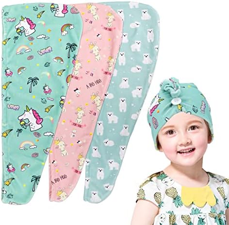 FAISOTY 3Pcs Microfiber Hair Towel for Kids, Quickly Drying Hair Towel with Button Using for Wet Hair Drying for Kids/Girls/Women