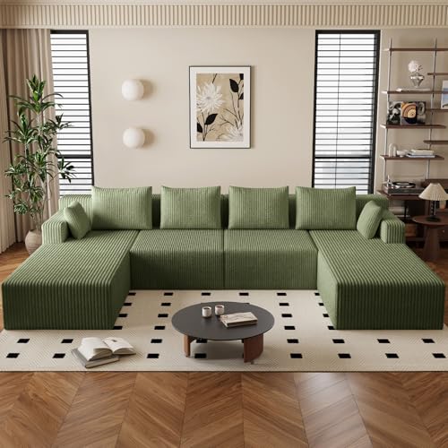 Image of 142 inch Cloud Sectional Boneless Couches for Living Room, Modular U Shaped Couch with 2 Chaise, Modern Comfy Deep Seat Corduroy Memory Foam Compressed Sofa for Apartment, Green