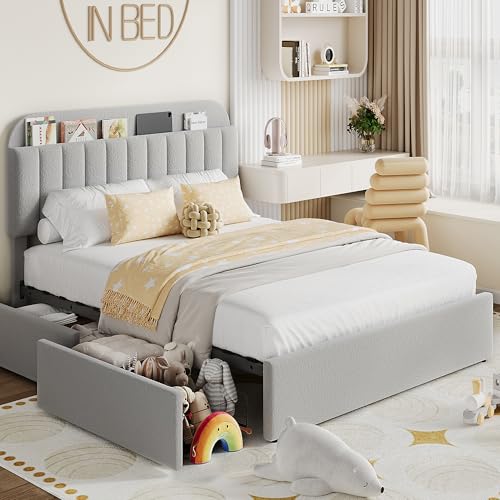 Garvee Full Size Bed Frame with 2 Flexible Drawers, Boucle Upholstered Platform Bed Frame with Bookcase Headboard, Bedframe for Kids/Boys, Easy Assemb