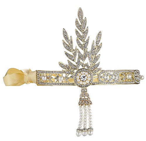 BABEYOND Bling Golden-Tone The Great Gatsby Inspired Leaf Simulated Pearl Headband Hair Tiara