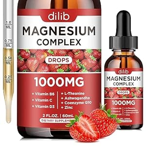 Triple Magnesium Complex Supplement, Magnesium Glycinate, Blend, Citrate Liquid Drops 1000mg with Ashwagandha, CoQ10, Vitamin B6, C, D, Zinc -Support Calm Stress Relief, Bone, Muscle, Mood Vegan