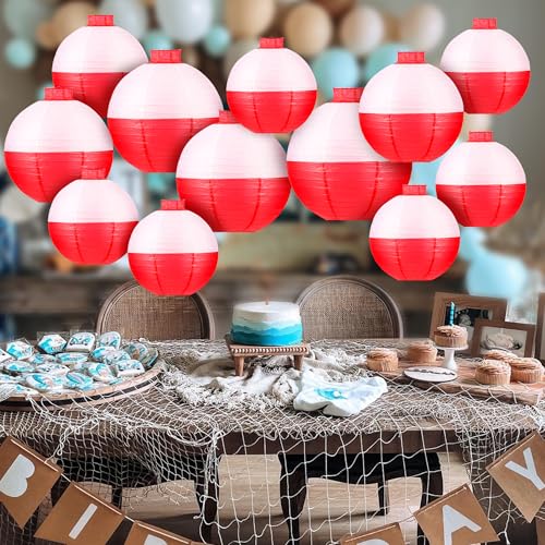 Image of Fishing Bobber Paper Lanterns Round Decoration Lantern 12 PCS Red and White Hanging Paper Lanterns for Fishermen Theme Party Decoration Supplies Birthday Decor