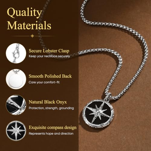 JZPZ Compass Necklace for Men-Stainless Steel Black Onyx Pendant Necklaces | Unique Chain Necklace,Meaningful Inspirational Black Agate Men's Jewelry Gifts,Husband Dad,Waterproof,Non tarnish,Durable — view 4