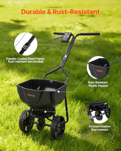 Image of VEVOR Broadcast Spreader, 9.8ft Spreading Width, Push Broadcast Spreader with 10 inch All-Terrain Tires, Adjustable Flow Control, 15lbs Capacity Hopper, Lawn Spreaders for Fertilizer Seed Small Home Use