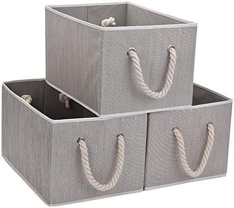 JS HOME Foldable Basket Organizer Bin, Polyester Storage Box with Strong Cotton Rope Handle, Grey, Jumbo, 3-Pack