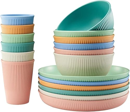 18pcs Wheat Straw Dinnerware Sets, Unbreakable Reusable Dinnerware Set Kitchen Cups Plates and Bowls Sets Dishwasher Microwave Safe Plates