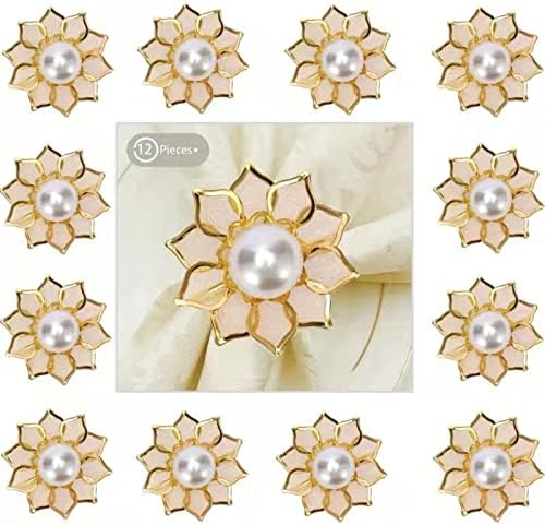 Pearl Flower Napkin Rings Set of 12 Valentines Day Thanksgiving Christmas Easter Holiday Theme Alloy Hollow Pearls Flowe Napkin Ring Holders for Wedding Family Dining Party Table Great Decorations