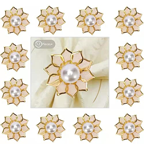 Pearl Flower Napkin Rings Set Of 12 Valentines Day Thanksgiving Christmas Easter Holiday Theme Alloy Hollow Pearls Flowe Napkin Ring Holders For Wedding Family Dining Party Table Great Decorations #TOP1