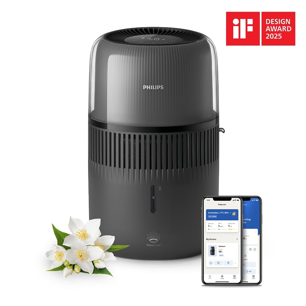 Philips 5000 Series Smart Verdunstungsbefeuchter 45m² 12dB leise NanoCloud 300 ml/h 4,5L Tank Schwarz HU5600/03