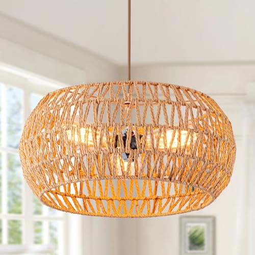 Rattan Light Fixture Dinning Room Pendant Light Boho Chandelier Hanging Light Ceiling Mount Hand Woven Lamp Shade 3-light Drum Chandelier Basket Light for Bedroom Hallway Kitchen Island Light Fixture
