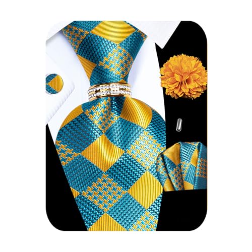 Image of 5PCS Mens Silk Tie, Pocket Square, Cufflinks, Drilled Tie Ring and Lapel Pin Set for Wedding Groom Party