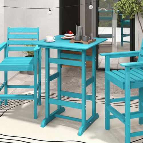 Image of Giantex 42 inch Height Outdoor Tall Bar Table, HDPE Square Pub Table with Wood Grains, Cocktail High Top Tables for Adirondack Chairs, Patio, Bistro, Garden, Poolside, Yard, Balcony, Turquoise
