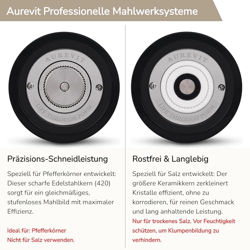 Aurevit Salz und Pfeffermühle Set Manuell, Pfeffer und Salzmühle mit Edelstahlkern & Keramikmahlwerk, Außenliegende Mahlgradeinstellung… – Ansicht 2