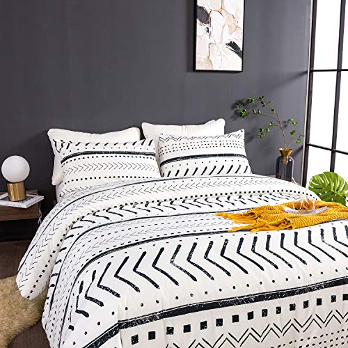 Wellboo Boho White Comforter Sets Queen Women Men Black And White Striped Bedding Comforters Full Teens Boys Black Geometric Quilts Farmhouse Cotton Adults Modern Folkloric Lines Triangle Comforters #TOP4