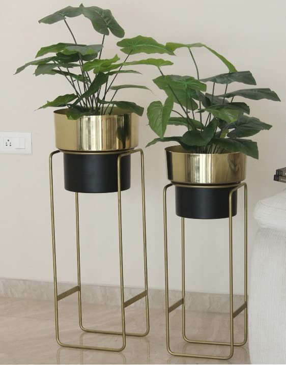 Image of AMASS HANDICRAFTS Planters for Indoor Plants Metal Planters with Stands & Indoor Plant Pots for Indoor Plants & Mid Century Plant Stands with Pots & Plant Pots Indoor Planter Set of 2 (Gold Black)