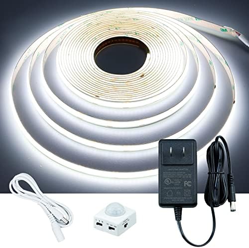 GOMING Motion Sensor COB LED Light Strip 16.4ft(5M) Cool White 6000K 3 Lighting Modes 3 Timing Off Modes 3 Brightness Modes with Power Adapter for Kitchen Cabinets Stair Showcase Bedroom Bed