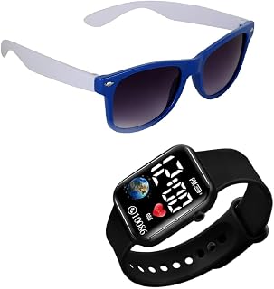 UZAK Kids Sunglasses and Smart Watch Set, Blue and White Frame 2-Piece Shade with Wrist Watch, Birthday Return Gift Price In India