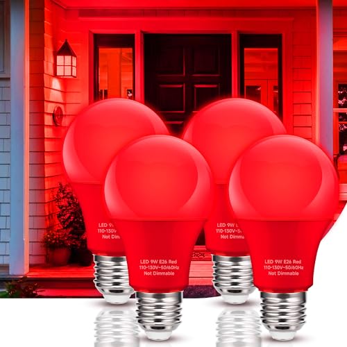 Nouscan Red LED Light Bulbs Outdoor, 9W Equivalent 60W, E26 Medium Base A19 Decorative Red Colored Light Bulbs for Halloween, Christmas, Valentine's Day, Party Bars Mood Lighting, Non-Dim, 4 Pack
