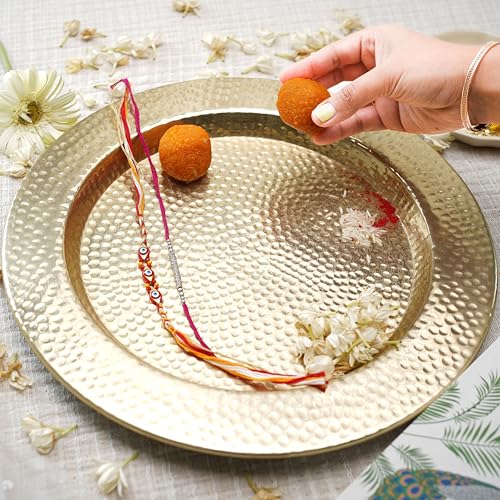 Image of BEHOMA Aluminium Round Hammered Thali, Golden, 14 inch | Hand-hammered golden aluminium thali, 14 inch; perfect for mandap, haldi, mehendi & wedding decor.