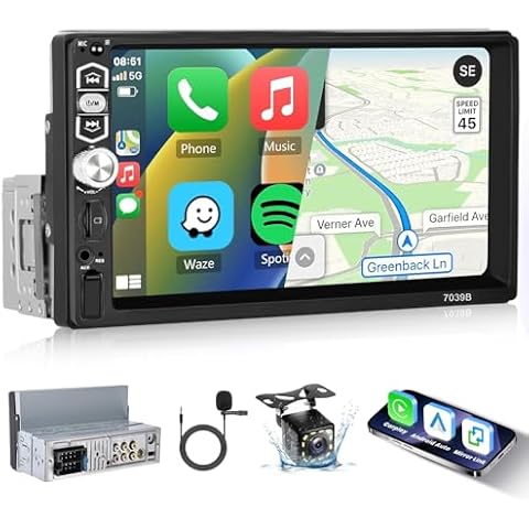 Hodozzy Single Din Car Stereo 7 Inch Touchscreen with Carplay Android Auto Bluetooth 5.1 Car Radio 1 Din Support Mirror Link FM USB TF AUX SWC Camera MP5 Player Car Audio Receiver Single Din Cover