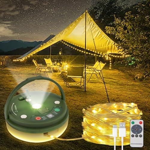 Bowfar Camping Lichterkette Aufrollbar, 10M 130 LED Lichterkette...