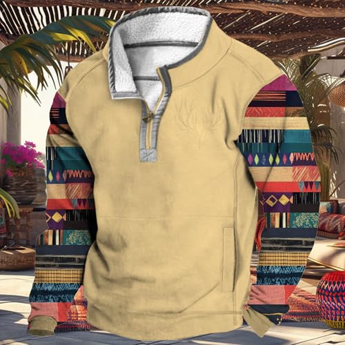 Western Aztec Mens Quarter Zip Pullover Retro Long Sleeve Lapel Ethnic Wolf Deer Graphic Sweashirts With Pockets2