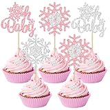 Gyufise 雪の結晶 Oh Baby Cupcake Toppers グリッター 冬 アナと雪の女王 ベビーシャワー カップケーキピック 冬のワンダーランド 性別披露 ベビーシャワー 誕生日パーティー ケーキデコレーション用品 ピンク 24個