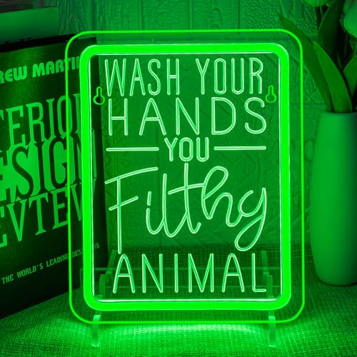 Bathroom Neon Sign Wash Your Hands You Filthy Animal Neon Signs for Wall Decor Funny Led Lights Green Light Up for Home Restroom Toilets Bar Party Decortion Interesting Gifts