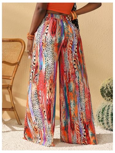 Women's Boho Printed Palazzo Pants Elastic High Waist Wide Leg Casual Trousers2