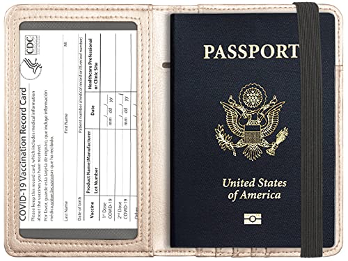 Passport And Vaccine Card Holder Combo, Cover Case With Cdc Vaccination Card Slot, Leather Travel Documents Organizer Protector, With Rfid Blocking (Gold Silver, Classic) #TOP1