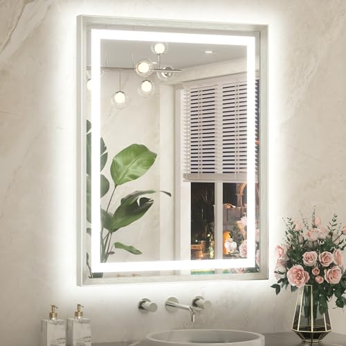 TETOTE 28 x 36 Bathroom LED Mirror Brushed Nickel Metal Frame Frontlit & Backlit Vanity Anti-Fog Stepless Dimmable 3 Colors White/Warm/Natural Mirror with Lights Wall-Mounted