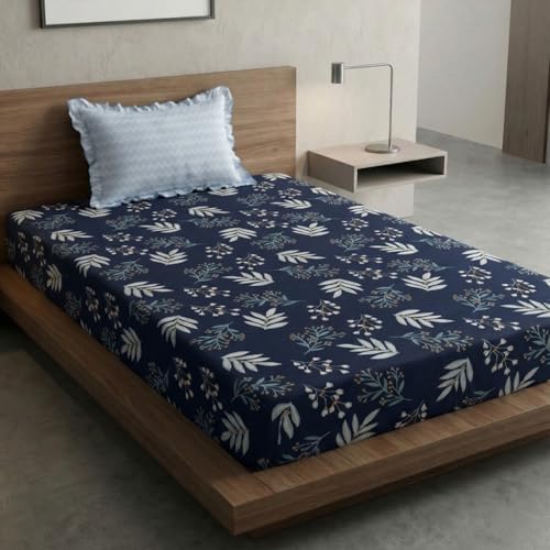 Image of Home Sizzler 210TC Midnight Navy Botanical Fern Elastic Fitted Single Bedsheet (72X36 Inch) with 1 Pillow Cover