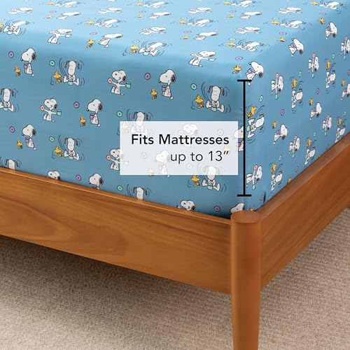 Image of Berkshire Blanket Peanuts Fitted Sheet King Size(Only), Cute Character Snoopy Microfiber Sheet with Deep Pocket, Soft and Breathable, Snoopy's Morning Coffee Small Blue