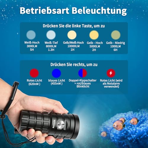 Sursnong SR 10000 Lumens Tauchlampe - Professionelle Unterwasser-Videoleuchte mit 95 CRI, 6500K Weißes Licht, USB-C Aufladbar, für Tauchen/Unterwasserfotografie (IP68 Wasserdicht, 120m Tiefe)
