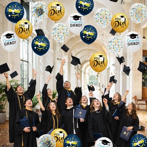 Image of Graduation Decorations 2026 - Graduation Balloons 62pcs 12 Inch Navy Blue Gold White Grad Print Latex Confetti Balloon for College High School Class of 2026 Congrats Grad Party Decor Supplies (Ribbon)