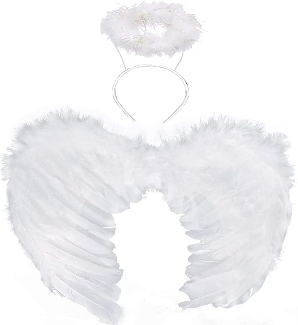 HANDIC Angel Wings and Halo White Angel Costume for Kids Adult (White)