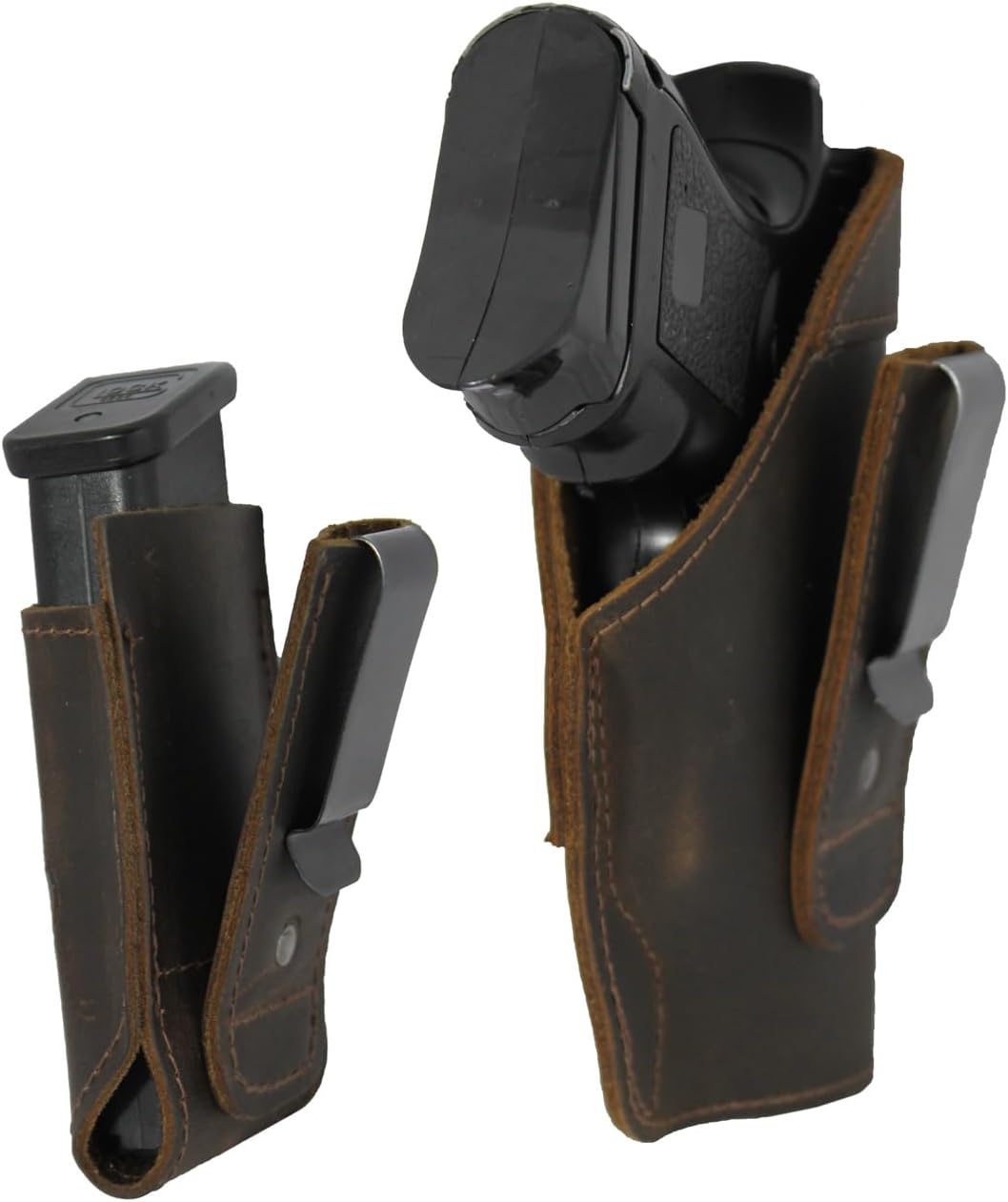 Barsony Brown Leather Tuckable Inside The Waistband Holster + Magazine Pouch for Compact 9mm 40 45 Pistols