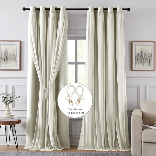 Image of 100% Blackout Curtains for Bedroom, Double Layer Ivory Curtains, Black Out Curtain 72 inch Long with Sheer Overlay for Living Room, Room Darkening Window Drapes with Grommet, 52 inch W x 72 inch L