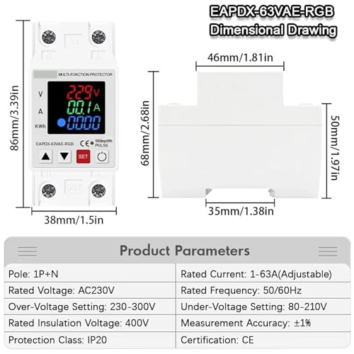 Relais de protection double affichage numérique réglable 63A rail DIN 230V
