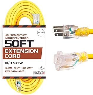 50 Foot Lighted Outdoor Extension Cord - 10/3 SJTW Yellow 10 Gauge Extension