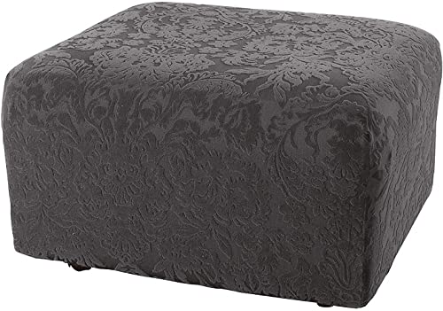 Surefit Stretch Jacquard Damask Box Cushion Ottoman Covers Slipcover, Form Fit, Polyester/Spandex, Machine Washable, Gray #TOP15