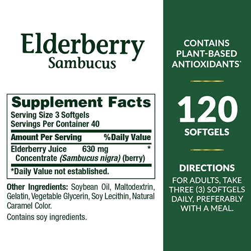 Nature's Bounty Sambucus Elderberry Herbal Supplement, Rapid Release Softgels, 630 Mg Per Serving, 120 Count #TOP1