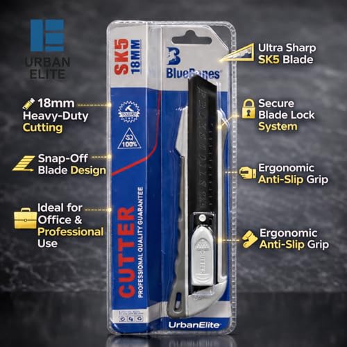 Image of UrbanElite 18mm Cutter Knife Set with 10 Replacement Blades | Retractable Utility Knife | Easy Grip Handle | Home, Office & Warehouse Use