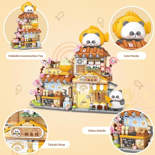 Image of SKY LINE OCEAN Japanese Street View Taiyaki Shop Mini Building Blocks Set, 858+ PCS Cute Panda Food Shop Architecture Model Kit, Creative MOC Construction Toy for Girls Boys Kids Adults