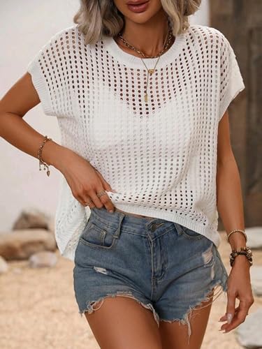 Image of Crochet Tops for Women Spring Summer Shirts Cute Mesh Top Cap Sleeve Cover Up Pullover Sweater Beach Vacation Clothes