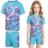 AYBUY Mädchen Badeanzug, Zweiteiliger UV Badebekleidung Kinder, Hawaiian Kurzarm Druck Schwimmanzug Bademode, mit Trunk und Uv Shirt für Kinder 7 8 Jahre（140）