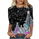 Yihaojia Christmas Shirts for Women 3/4 Sleeve T-Shirts Cute Funny Xmas Tree Print Ugly Christmas Crewneck Tee Tops